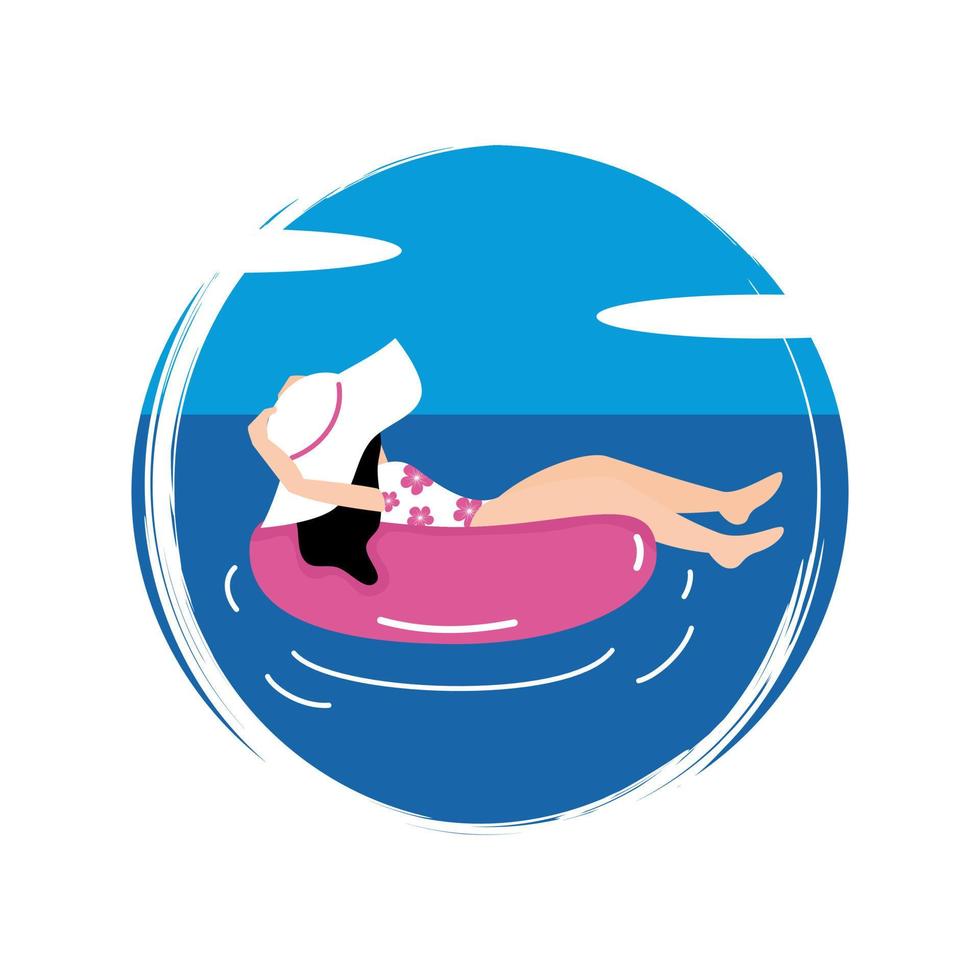 Cute logo or icon vector with beach girl swimming on pink inflatable, illustration on circle with brush texture, for social media story and highlight