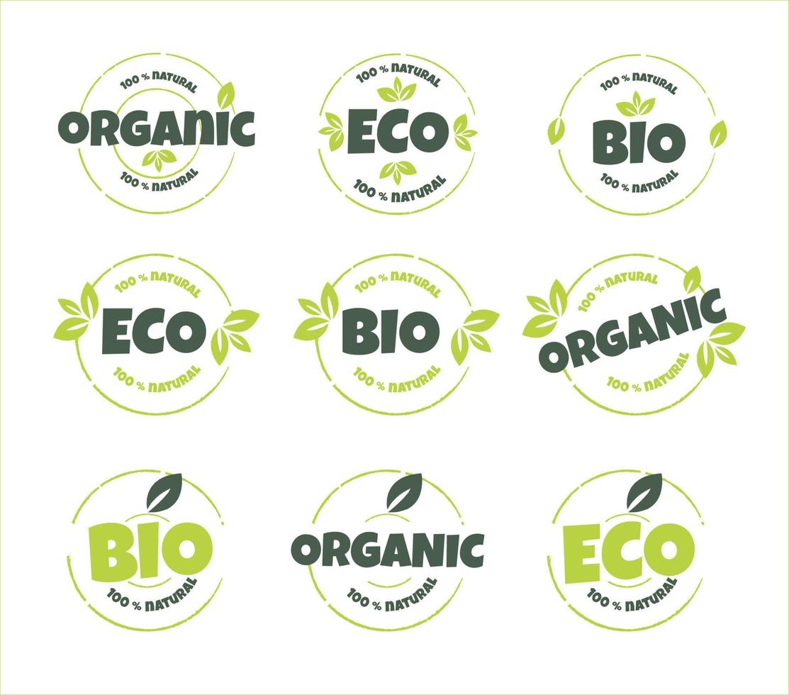 ecológico, biografía, orgánico y natural productos pegatina, etiqueta, Insignia y logo. ecología icono. logo modelo con verde hojas para orgánico y eco simpático productos vector ilustración