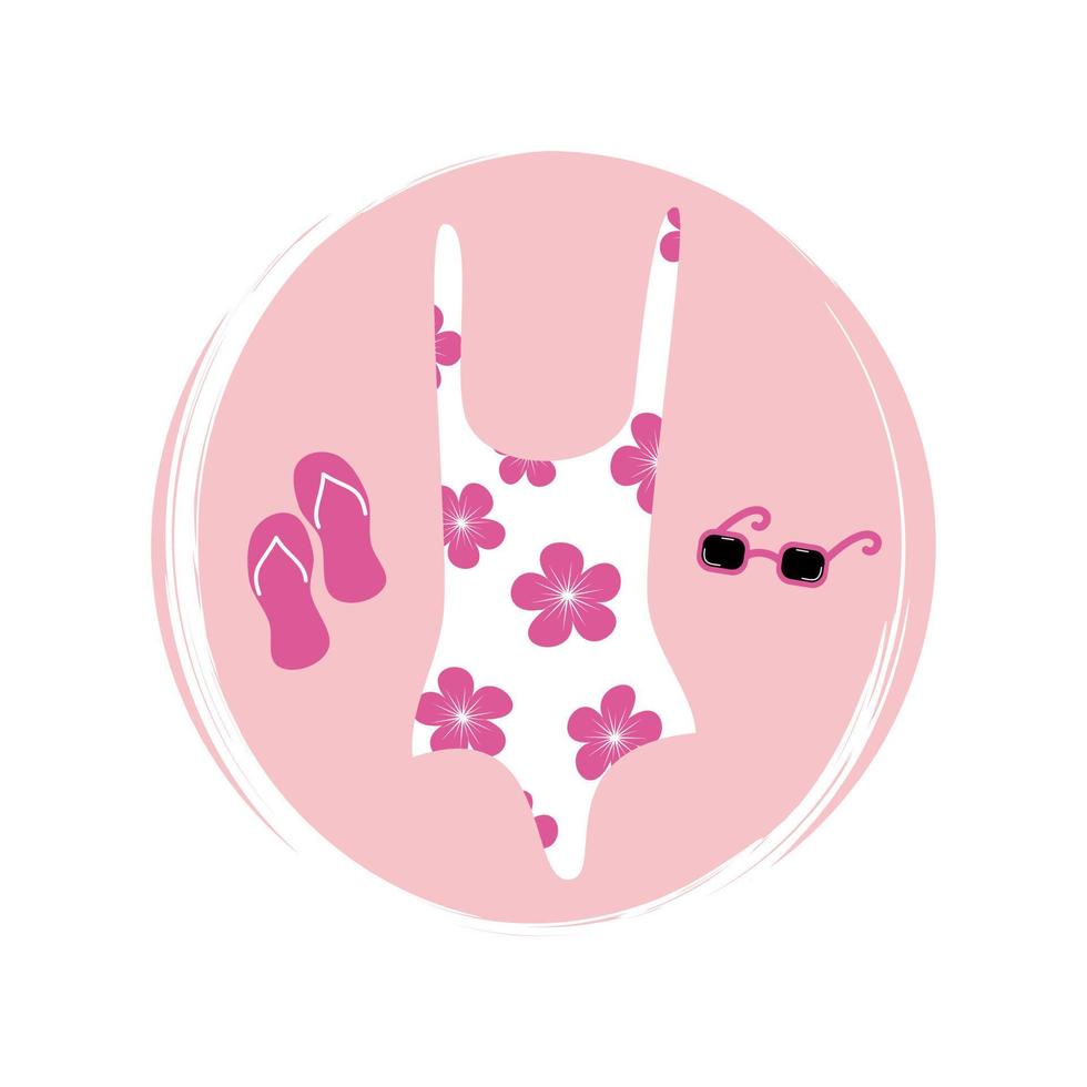 Cute logo or icon vector with women swimsuit bikini, sunglasses and flip flop, illustration on circle with brush texture, for social media story and highlight