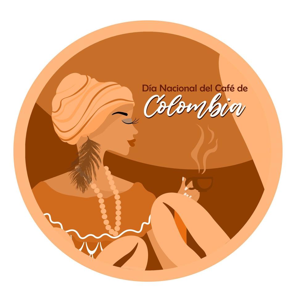 nacional café día en Colombia bandera. afrocolombiano mujer participación un taza de café en su mano. nacional Colombiana ropa. nacional café día en Colombia vector