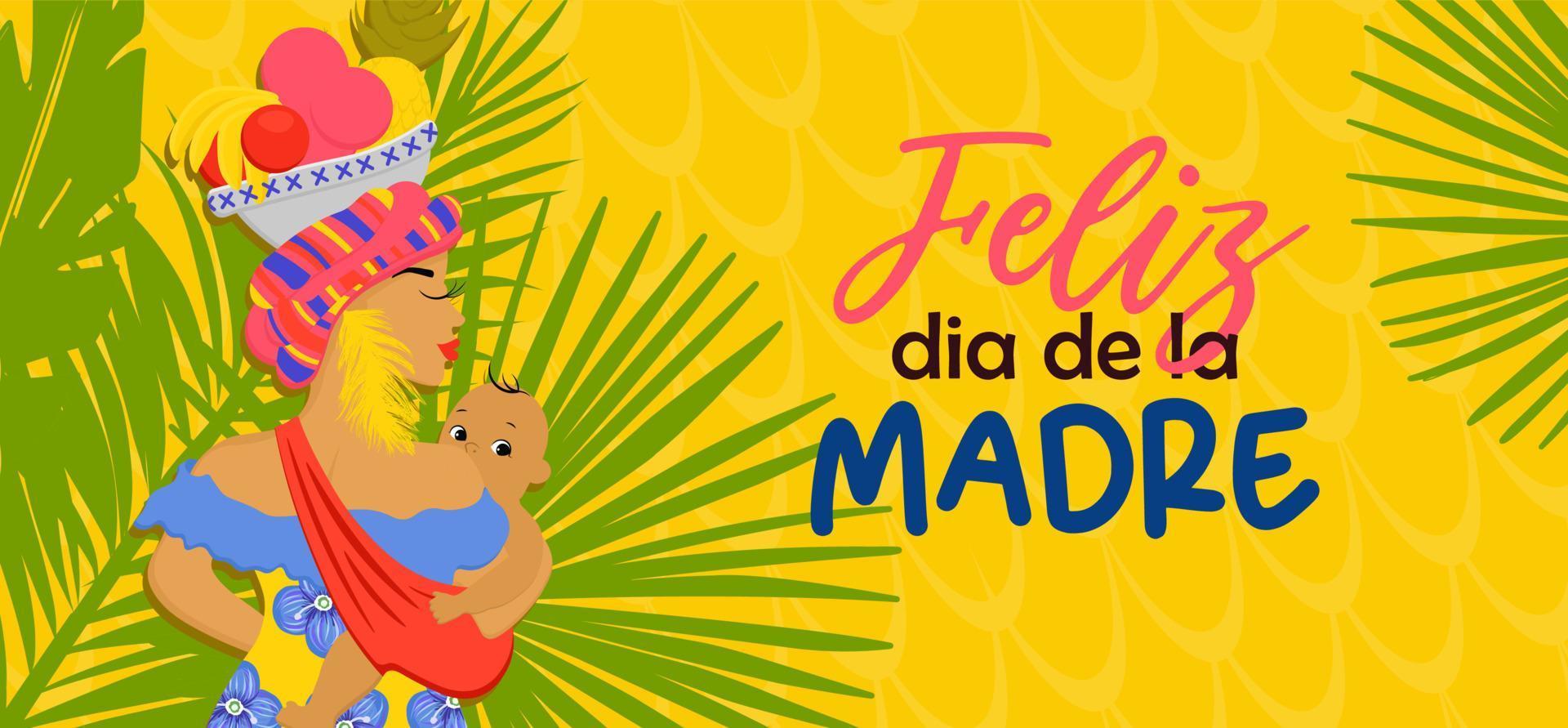 Colombian mothers day greeting banner template,bright mothers day flyer afrocolombian woman. In Spanish Happy Mother's Day. vector
