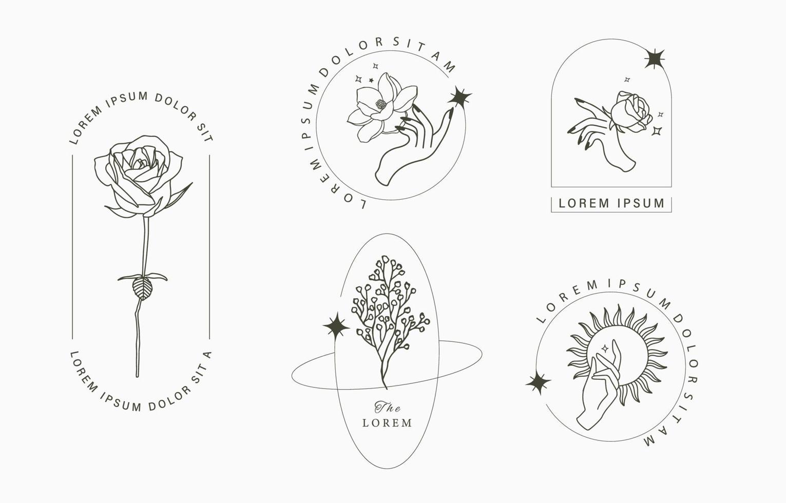 Line object collection with hand,magnolia,rose,lavender flower vector