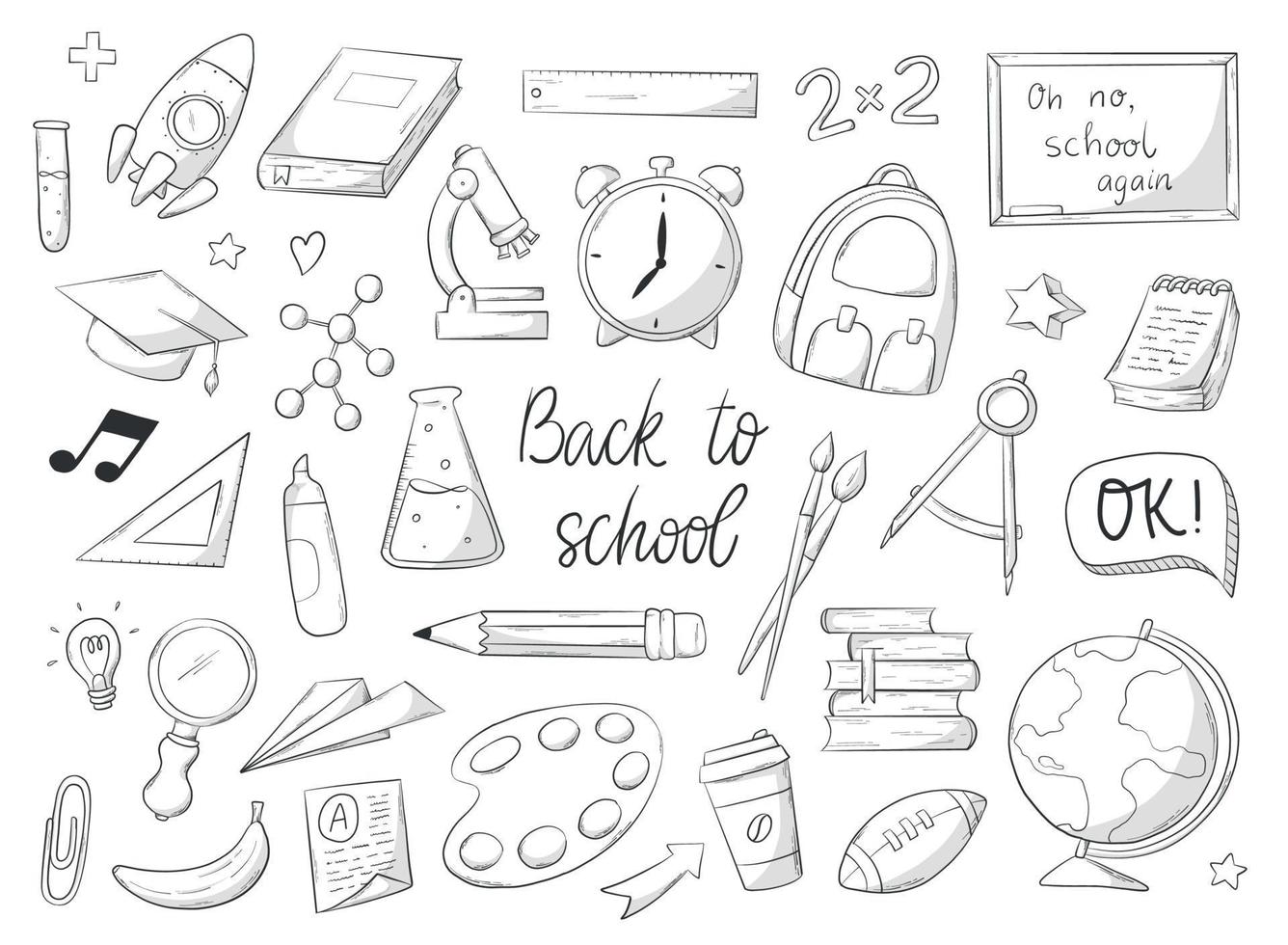 Set of monochrome school and education doodles, clip art, cartoon elements isolated on white background. Back to school coloring page, stickers, prints, cards design. EPS 10 vector
