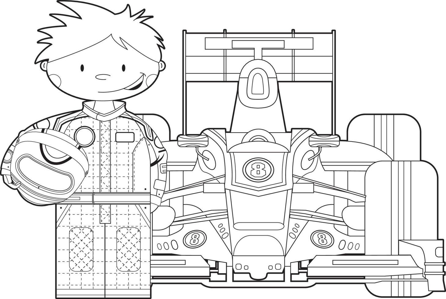 Cute Cartoon Motor Racing Driver in Sports Car - Colouring In Illustration vector