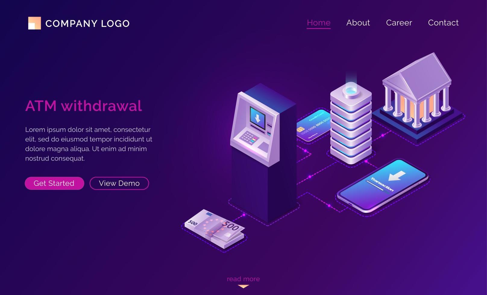 Mobile atm withdrawal isometric concept banner vector