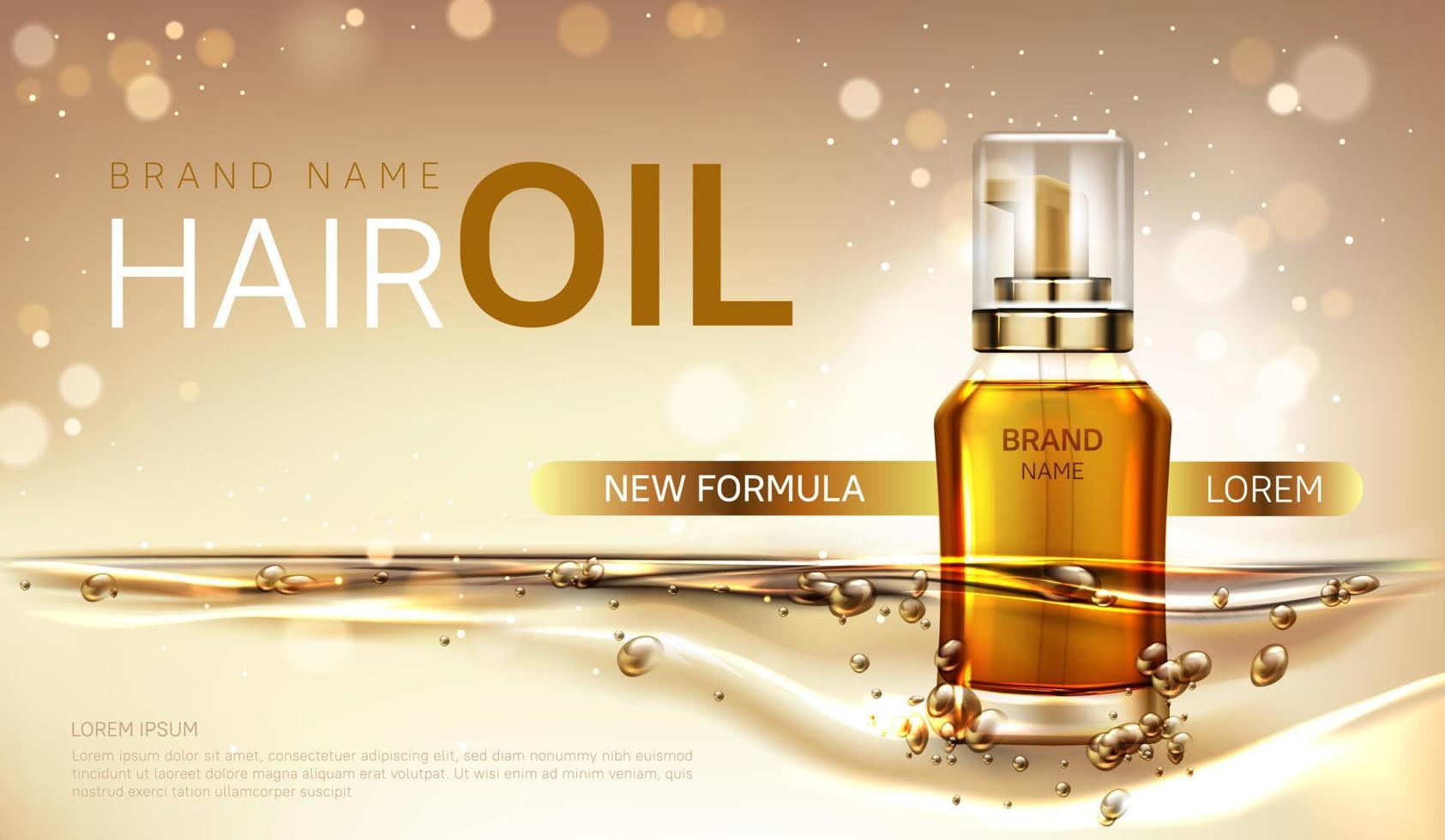 Hair oil cosmetics bottle mockup ad vector banner