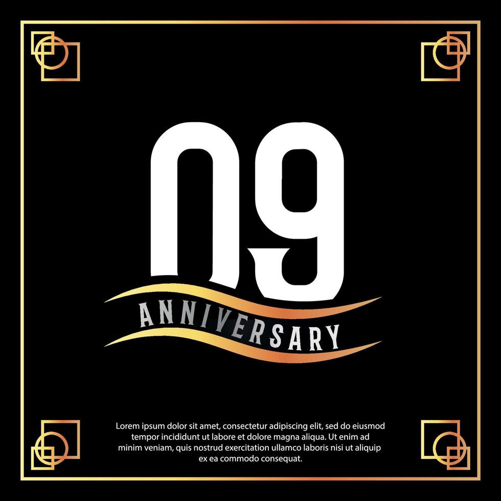 09 year anniversary logo design white golden abstract on black background with golden frame template illustration vector