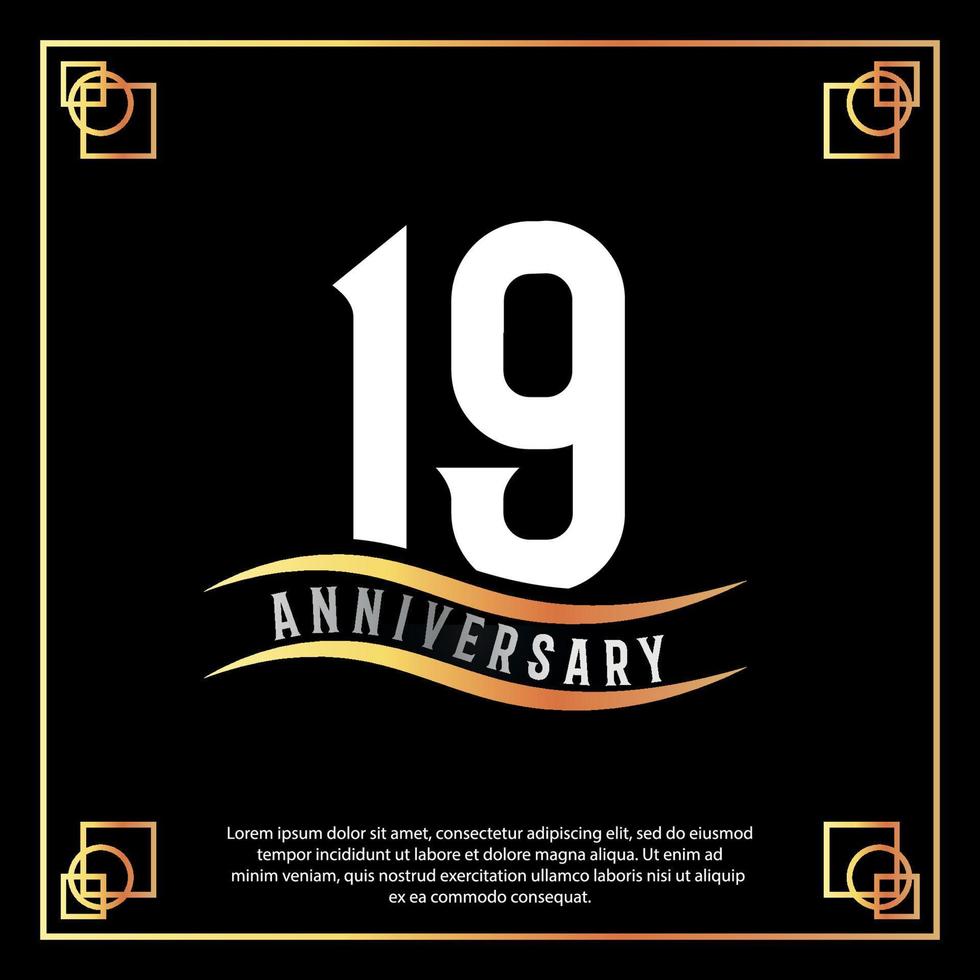 19 year anniversary logo design white golden abstract on black background with golden frame template illustration vector