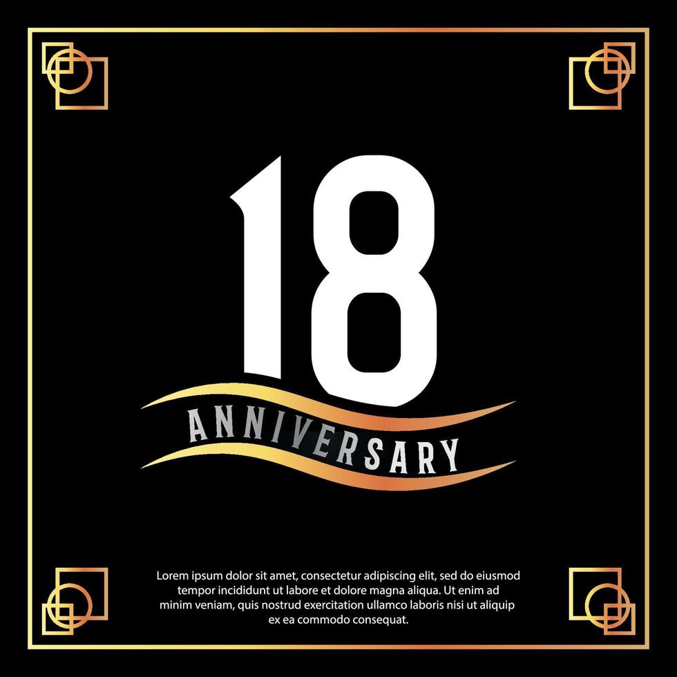 18 year anniversary logo design white golden abstract on black background with golden frame template illustration vector