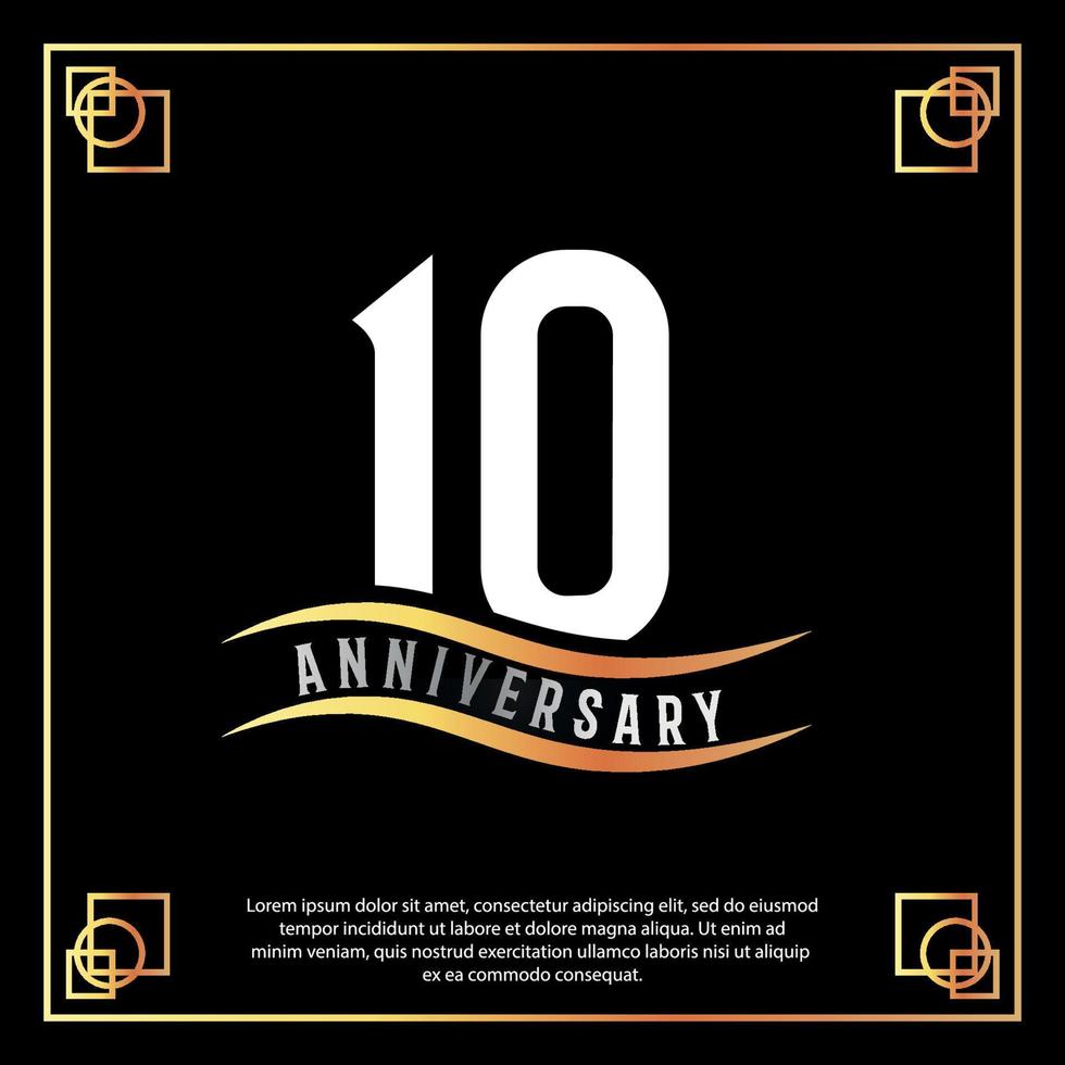 10 year anniversary logo design white golden abstract on black background with golden frame template illustration vector