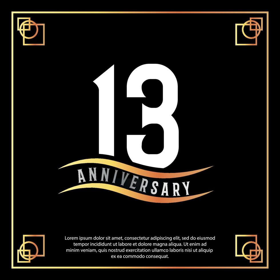 13 year anniversary logo design white golden abstract on black background with golden frame template illustration vector
