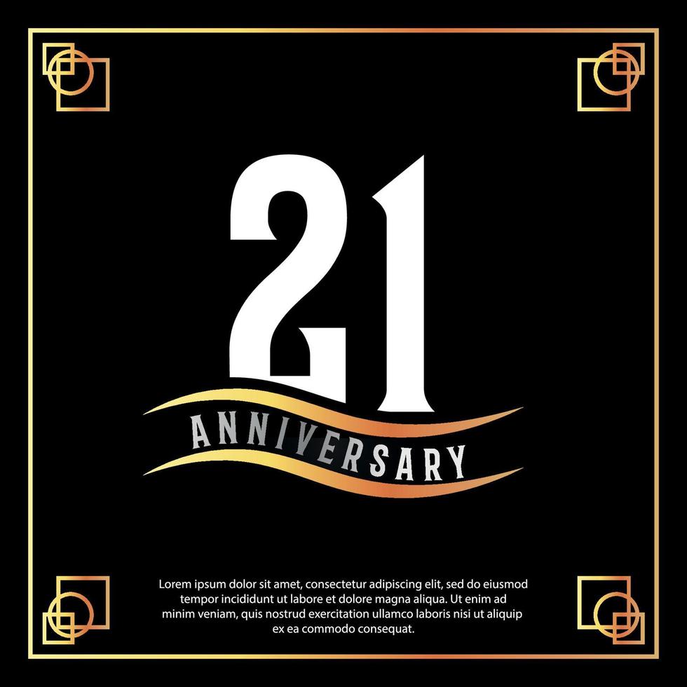 21 year anniversary logo design white golden abstract on black background with golden frame template illustration vector