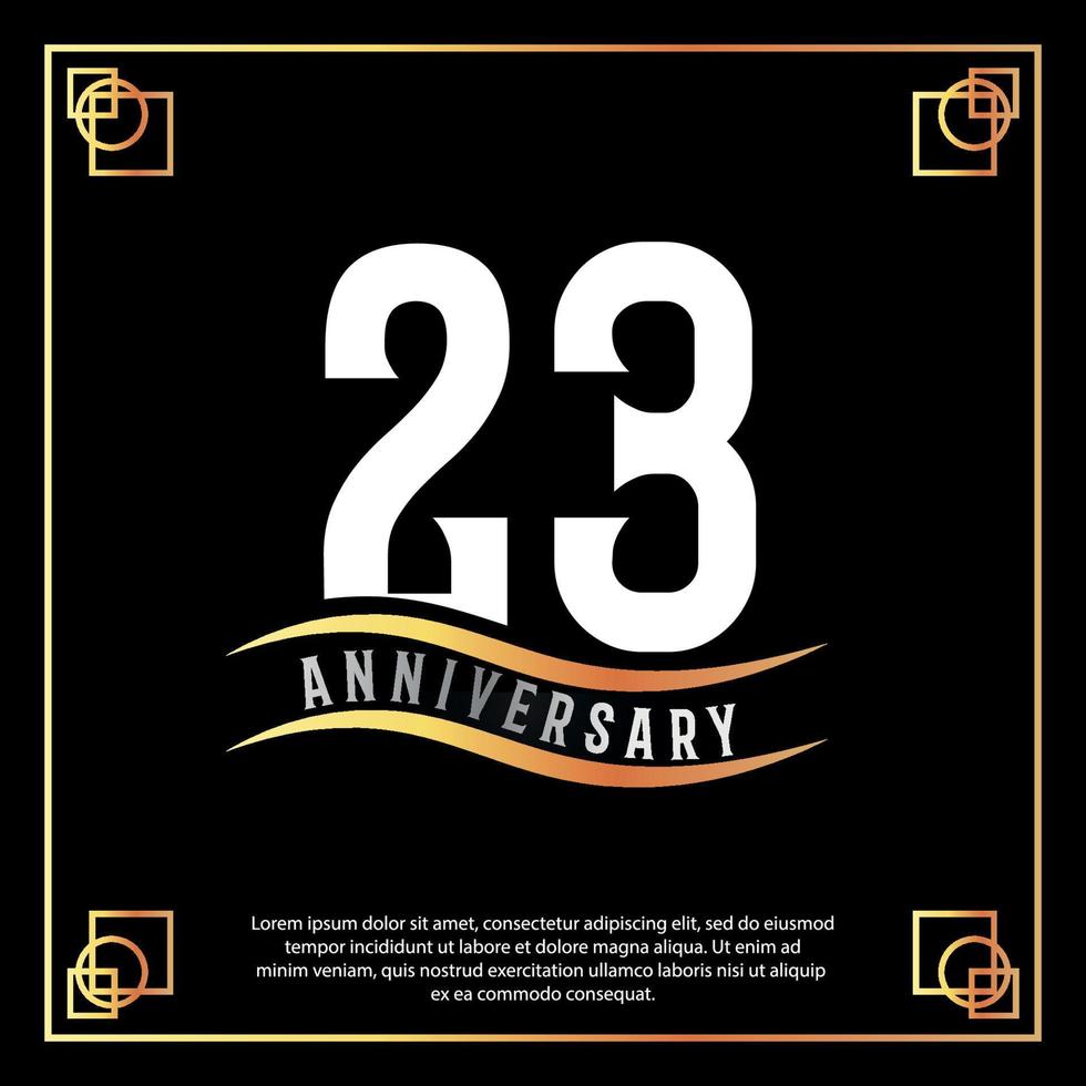 23 year anniversary logo design white golden abstract on black background with golden frame template illustration vector