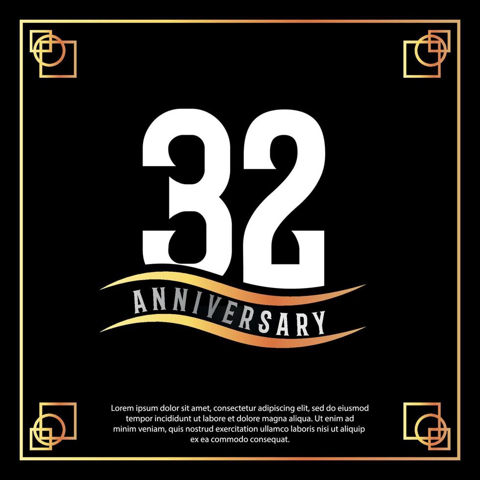 32 year anniversary logo design white golden abstract on black background with golden frame template illustration vector