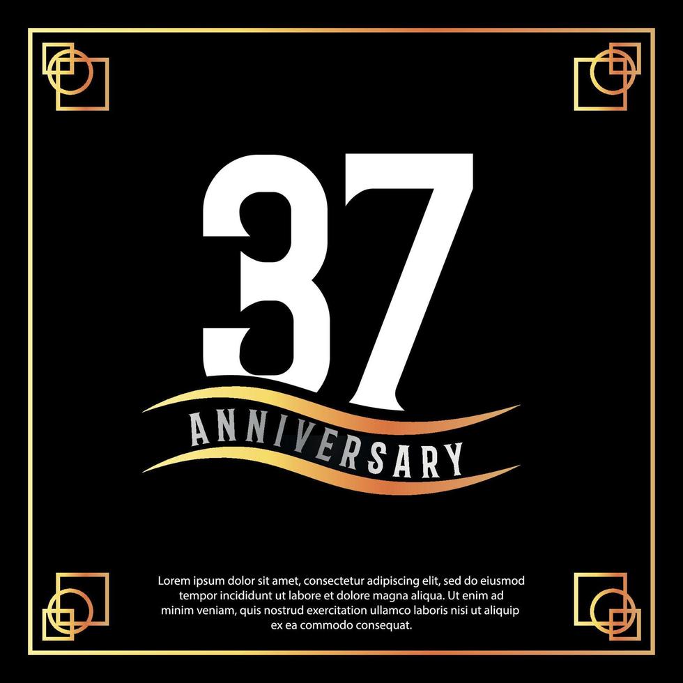 37 year anniversary logo design white golden abstract on black background with golden frame template illustration vector