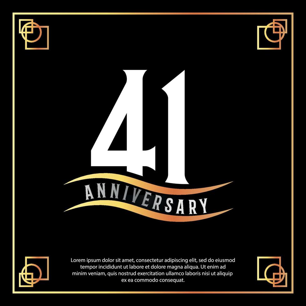 41 year anniversary logo design white golden abstract on black background with golden frame template illustration vector