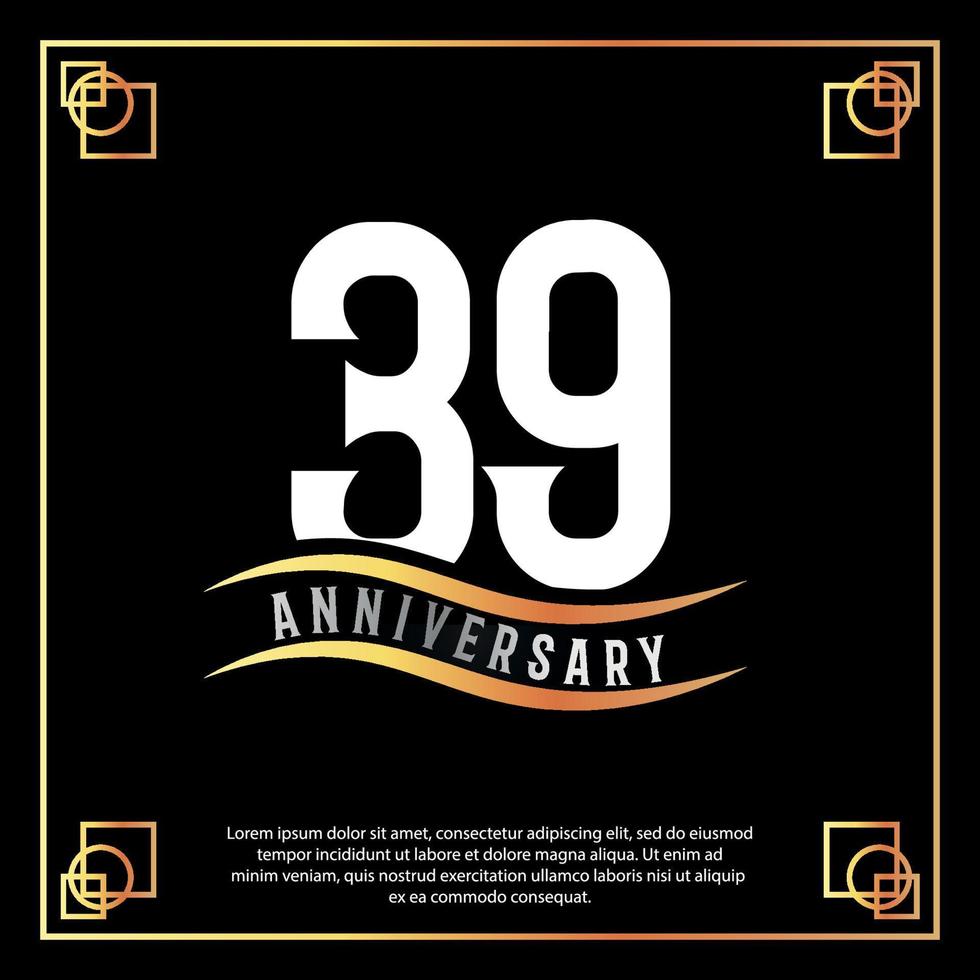 39 year anniversary logo design white golden abstract on black background with golden frame template illustration vector