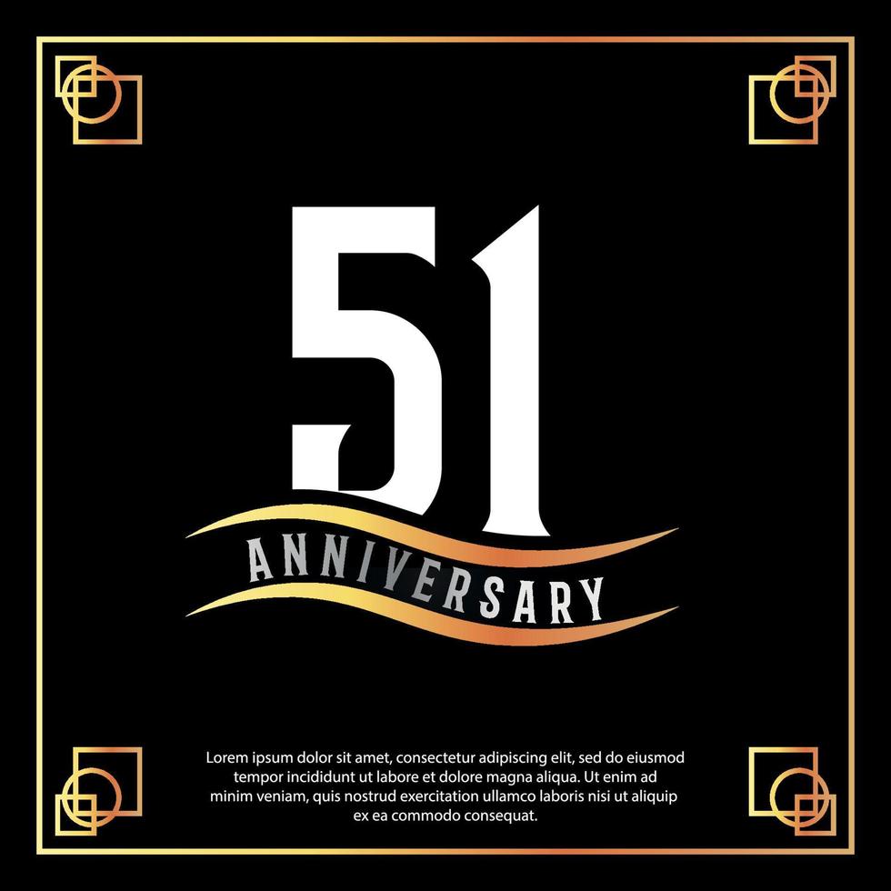 51 year anniversary logo design white golden abstract on black background with golden frame template illustration vector