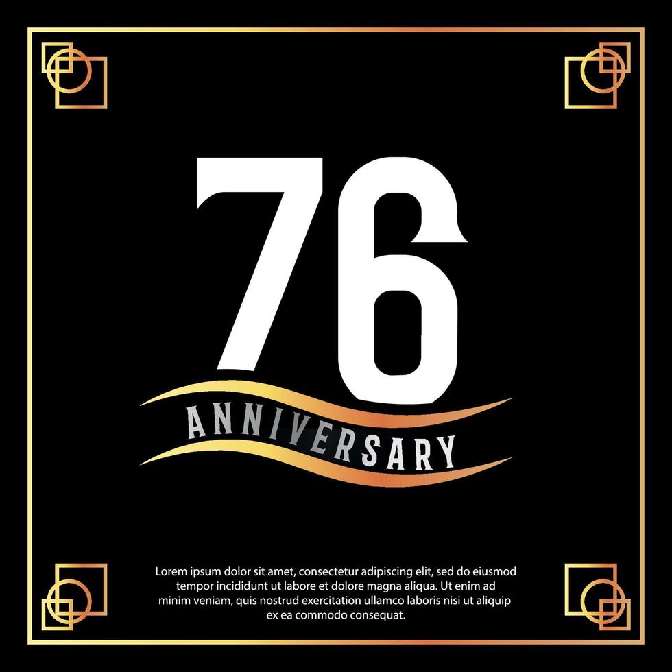 76 year anniversary logo design white golden abstract on black background with golden frame template illustration vector