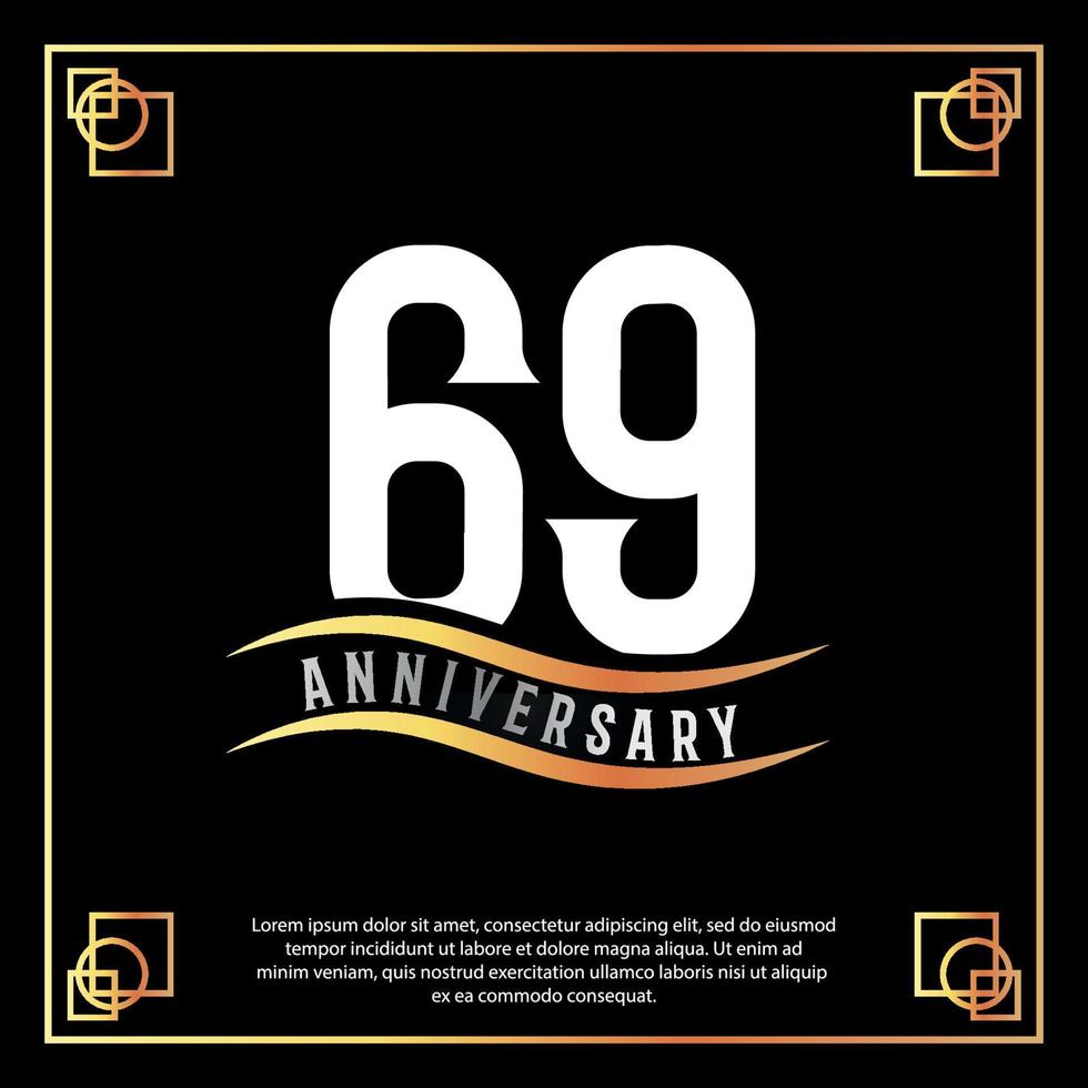 69 year anniversary logo design white golden abstract on black background with golden frame template illustration vector