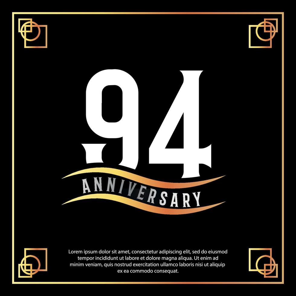 94 year anniversary logo design white golden abstract on black background with golden frame template illustration vector