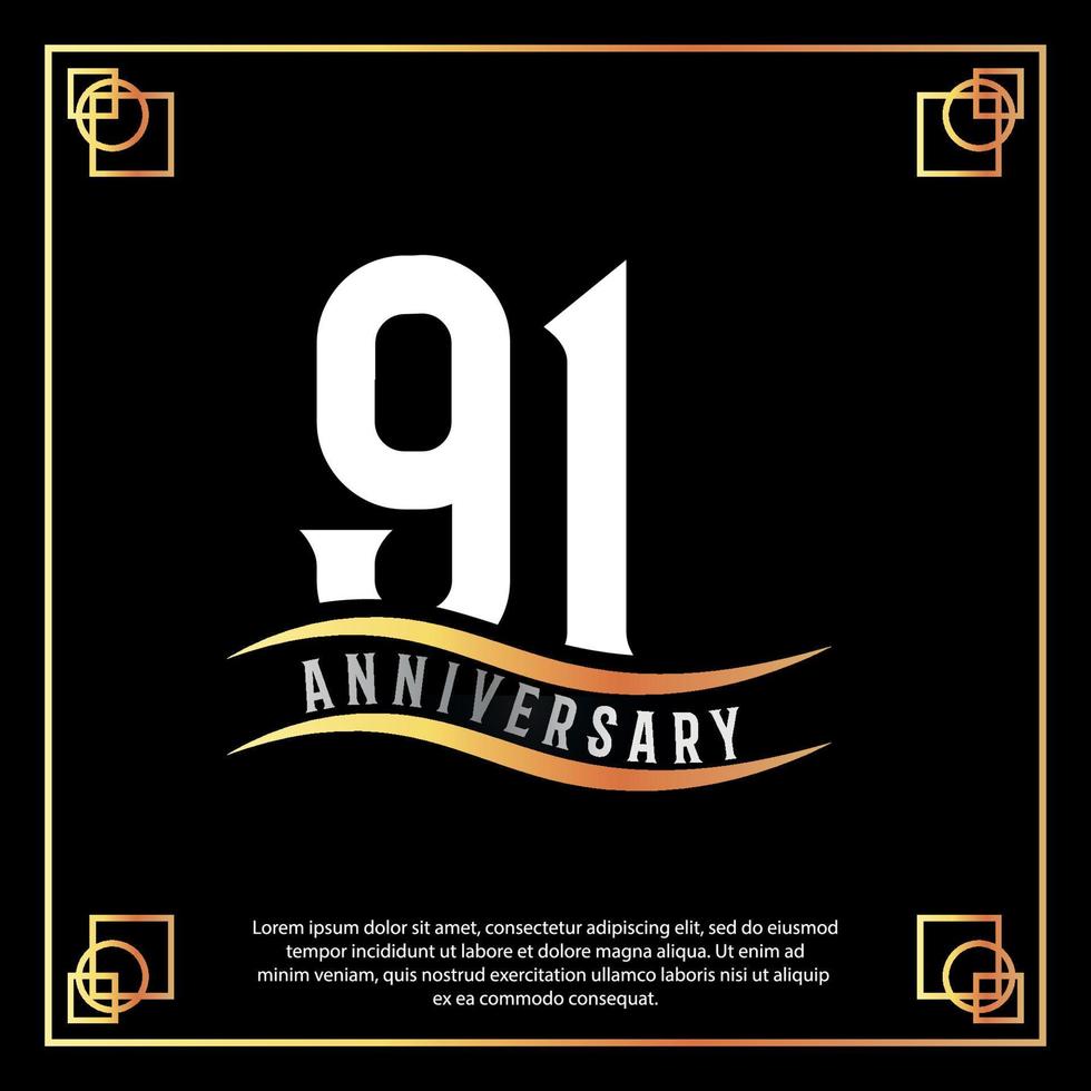 91 year anniversary logo design white golden abstract on black background with golden frame template illustration vector