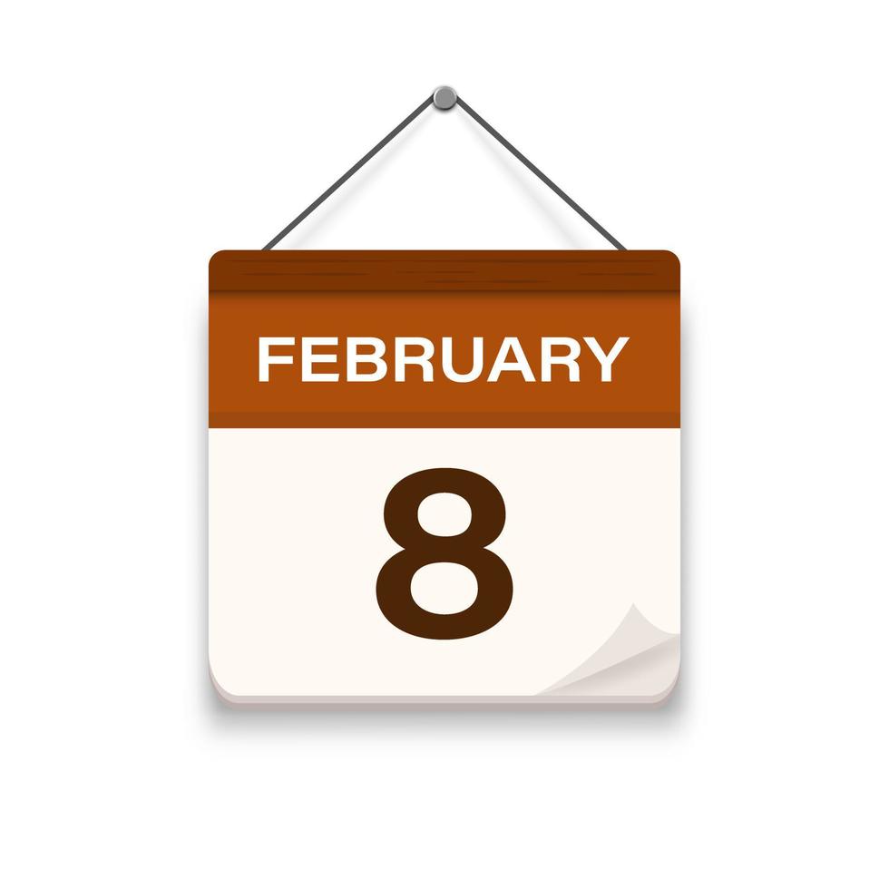 febrero 8, calendario icono con sombra. día, mes. reunión cita tiempo. evento calendario fecha. plano vector ilustración.