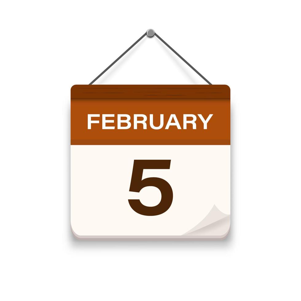 February 5, Calendar icon with shadow. Day, month. Meeting appointment