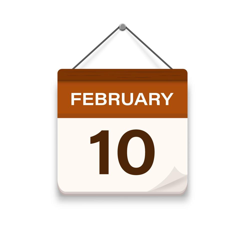 February 10, Calendar icon with shadow. Day, month. Meeting appointment time. Event schedule date. Flat vector illustration.