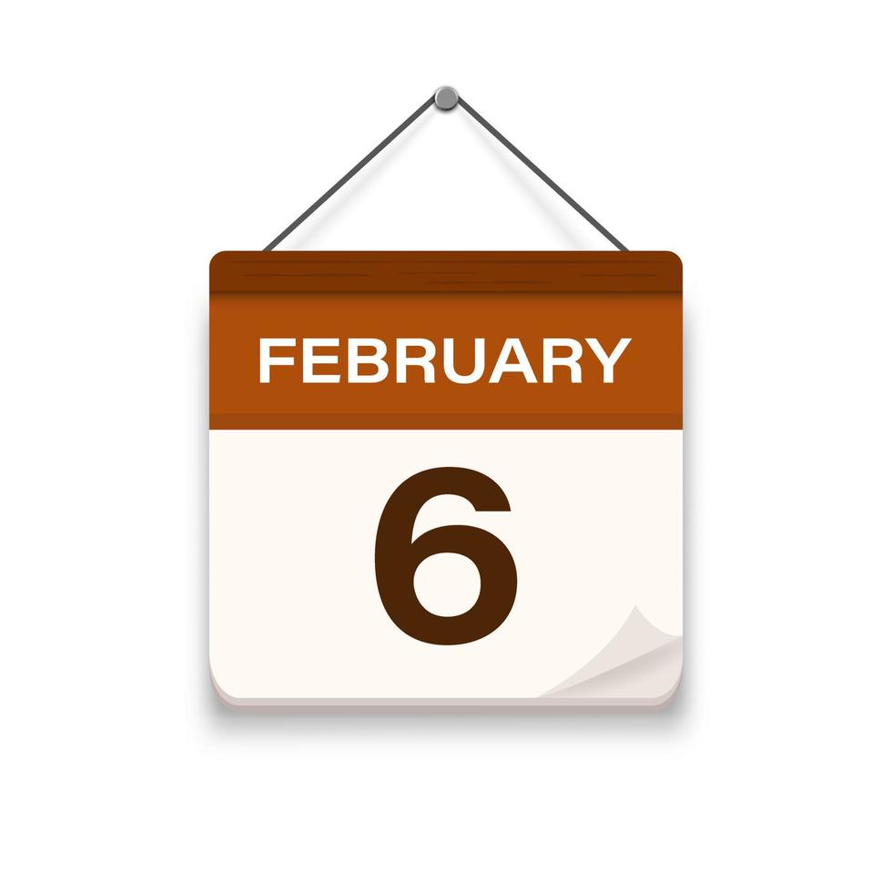 February 6, Calendar icon with shadow. Day, month. Meeting appointment time. Event schedule date. Flat vector illustration.