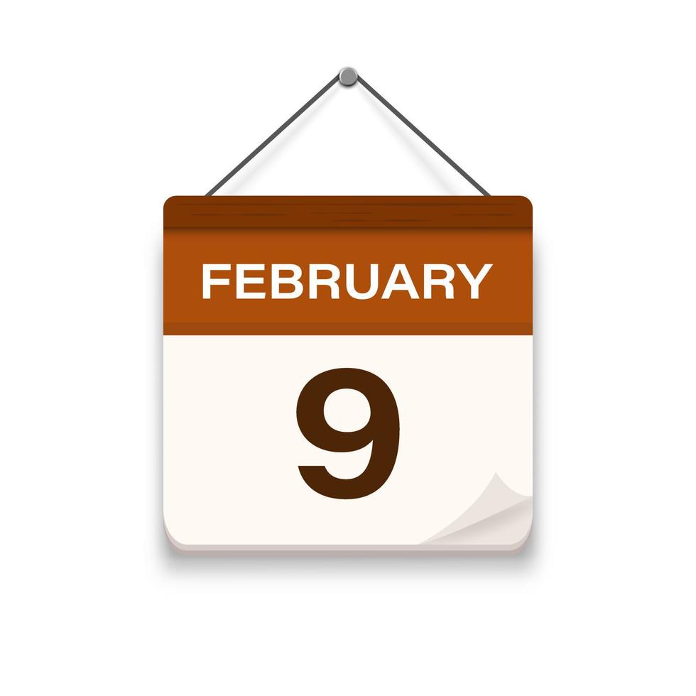 February 9, Calendar icon with shadow. Day, month. Meeting appointment time. Event schedule date. Flat vector illustration.