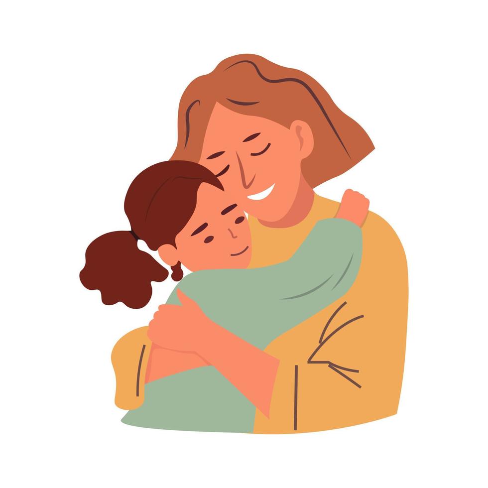 Mother and daughter hugging. Mother's day concept. Happy mother and little girl, child embracing together. Vector illustration