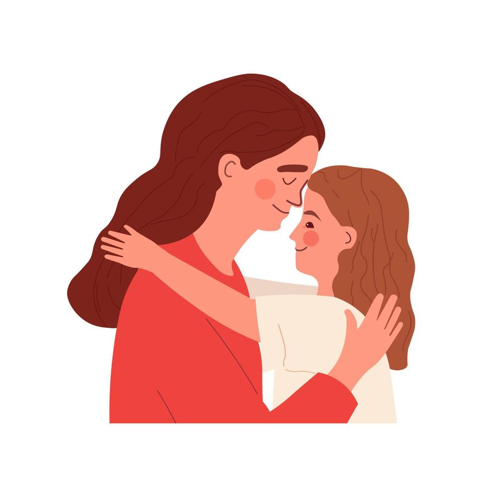 Mother and daughter hugging. Mother's day concept. Happy mother and little girl, child embracing together. Vector illustration