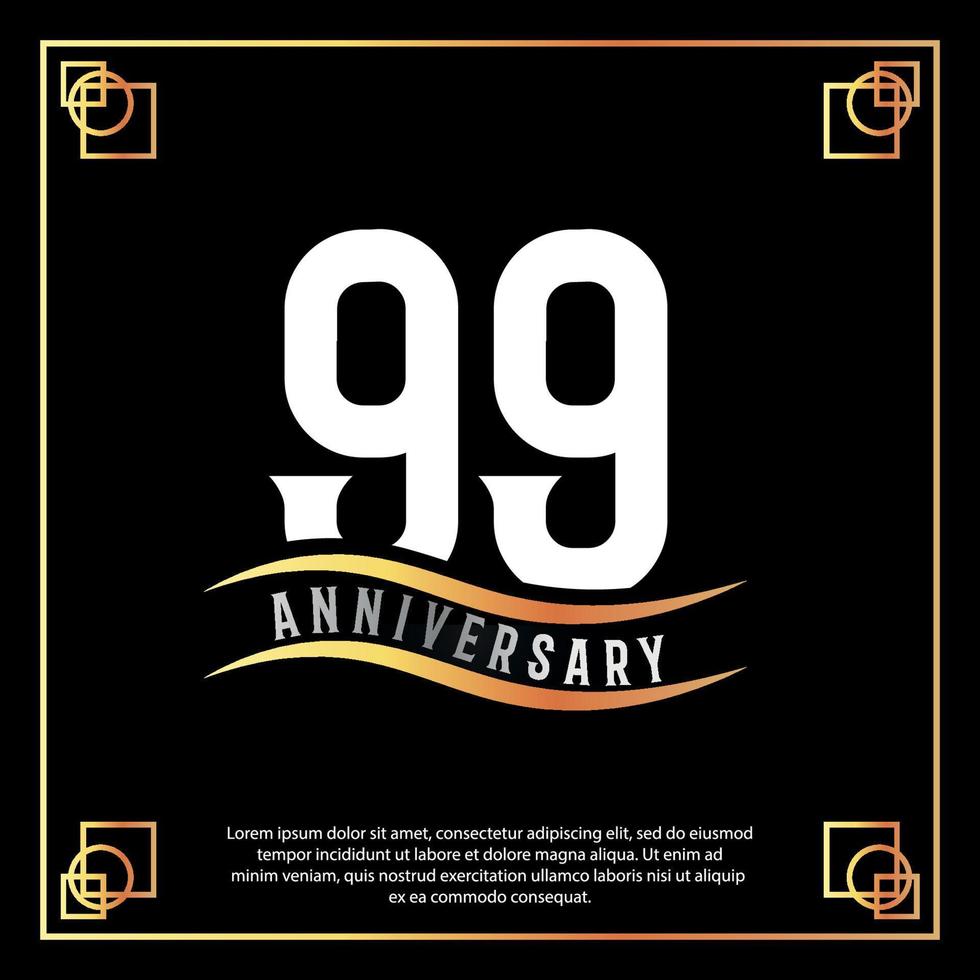 99 year anniversary logo design white golden abstract on black background with golden frame template illustration vector