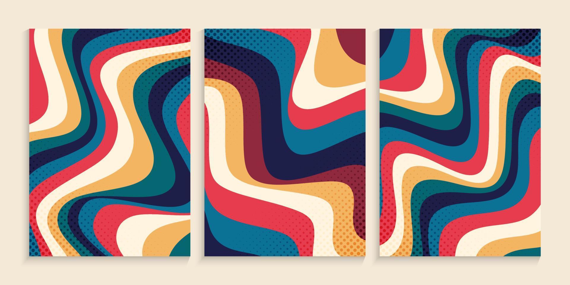 Retro wavy lines cover design set vector