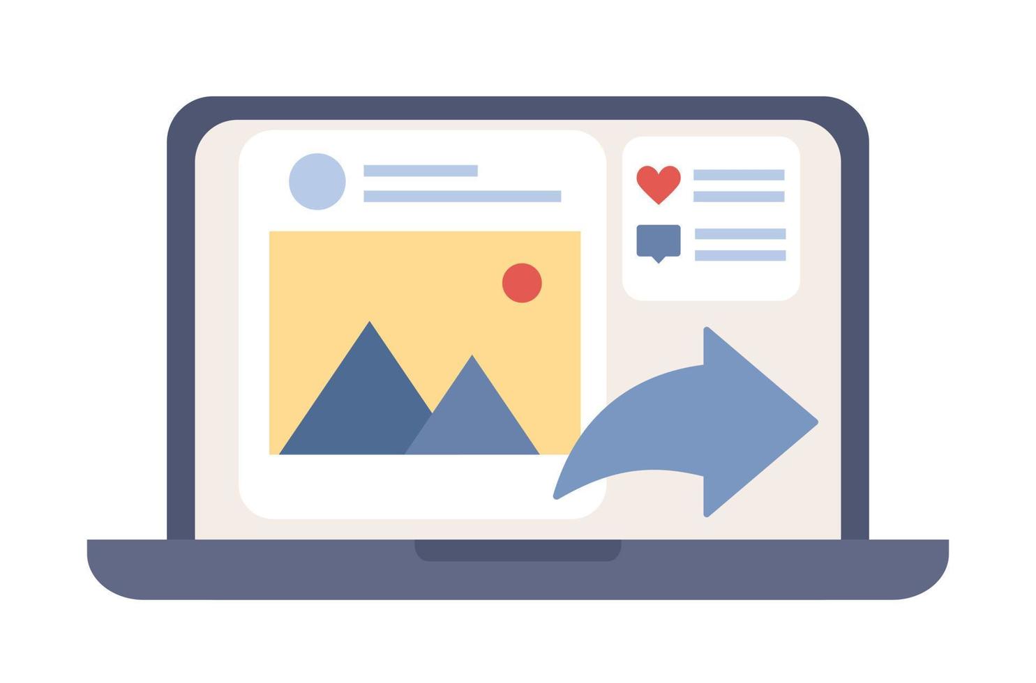Share icon. People sharing data, photos, links, posts and news in social networks on laptop screen. Social networking concept. Vector flat illustration