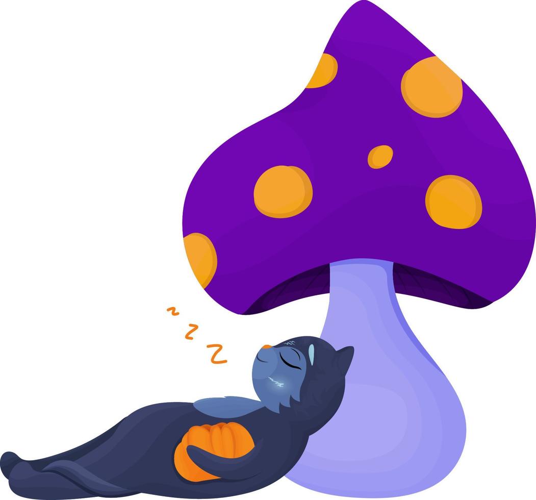 Black cat sleeping with pumpkin under mushroom, magic mushroom, Halloween clipart vector