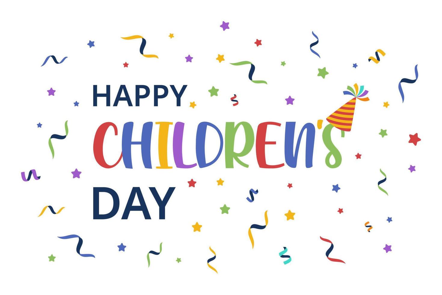 Festive inscription happy children's day with confetti, party hat, vector