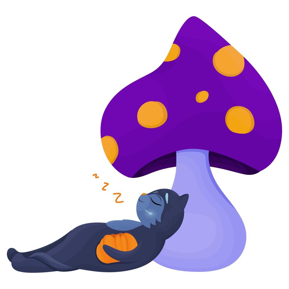 Black cat sleeping with pumpkin under mushroom, magic mushroom, Halloween clipart vector