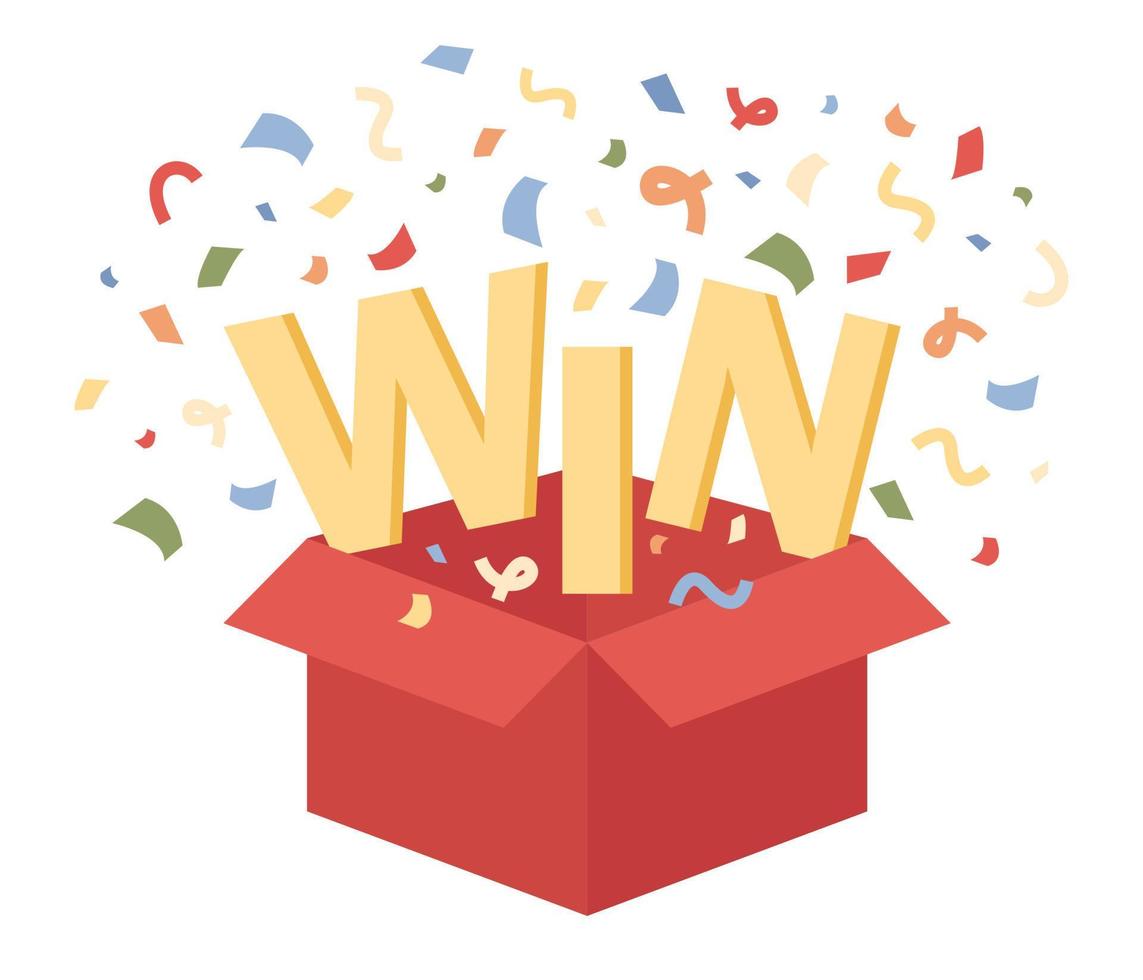 Win icon. Open red box with confetti explosion inside and WIN word. Winner concept. Vector flat illustration