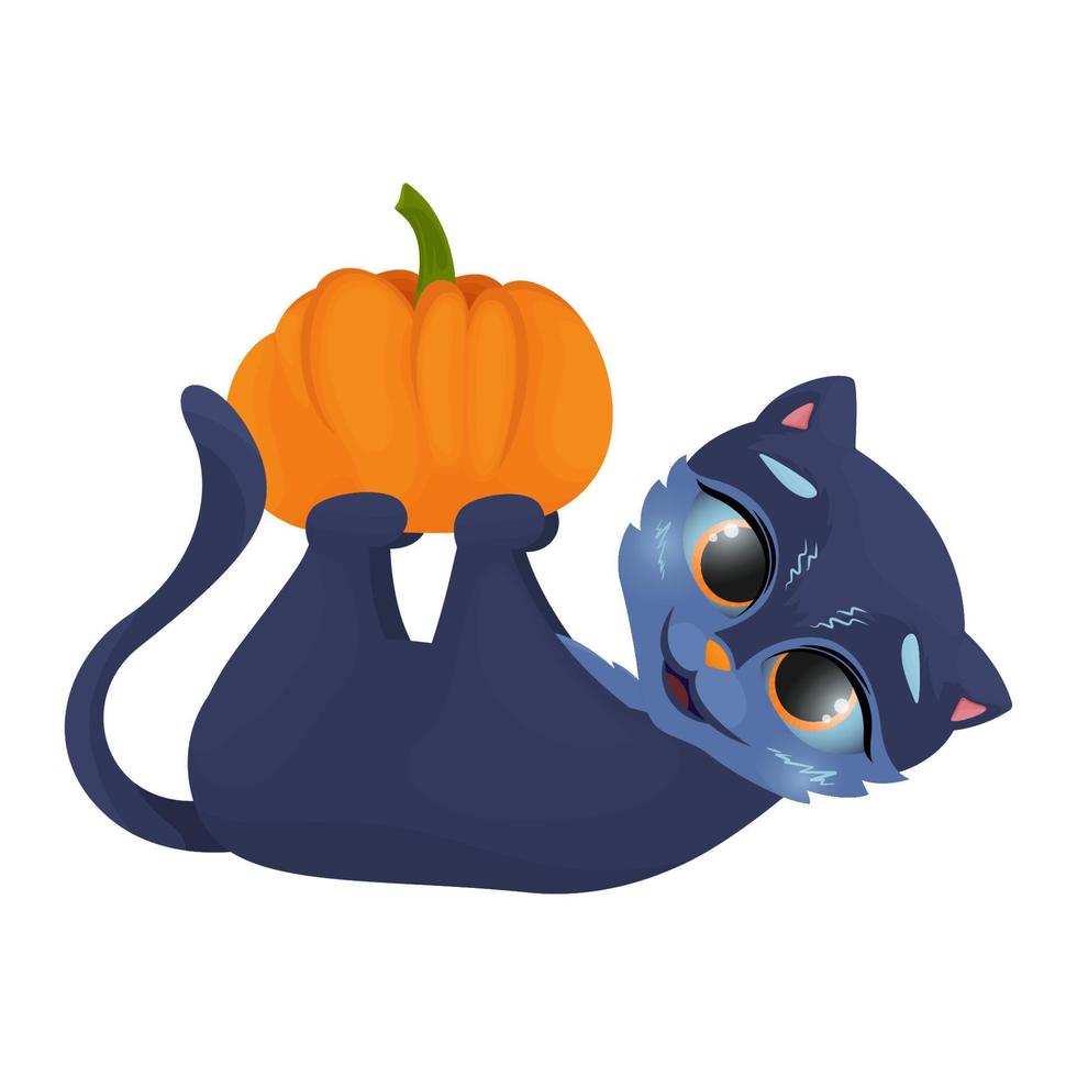 Funny black cat, illustration. Cat playing with pumpkin, halloween clipart, vector