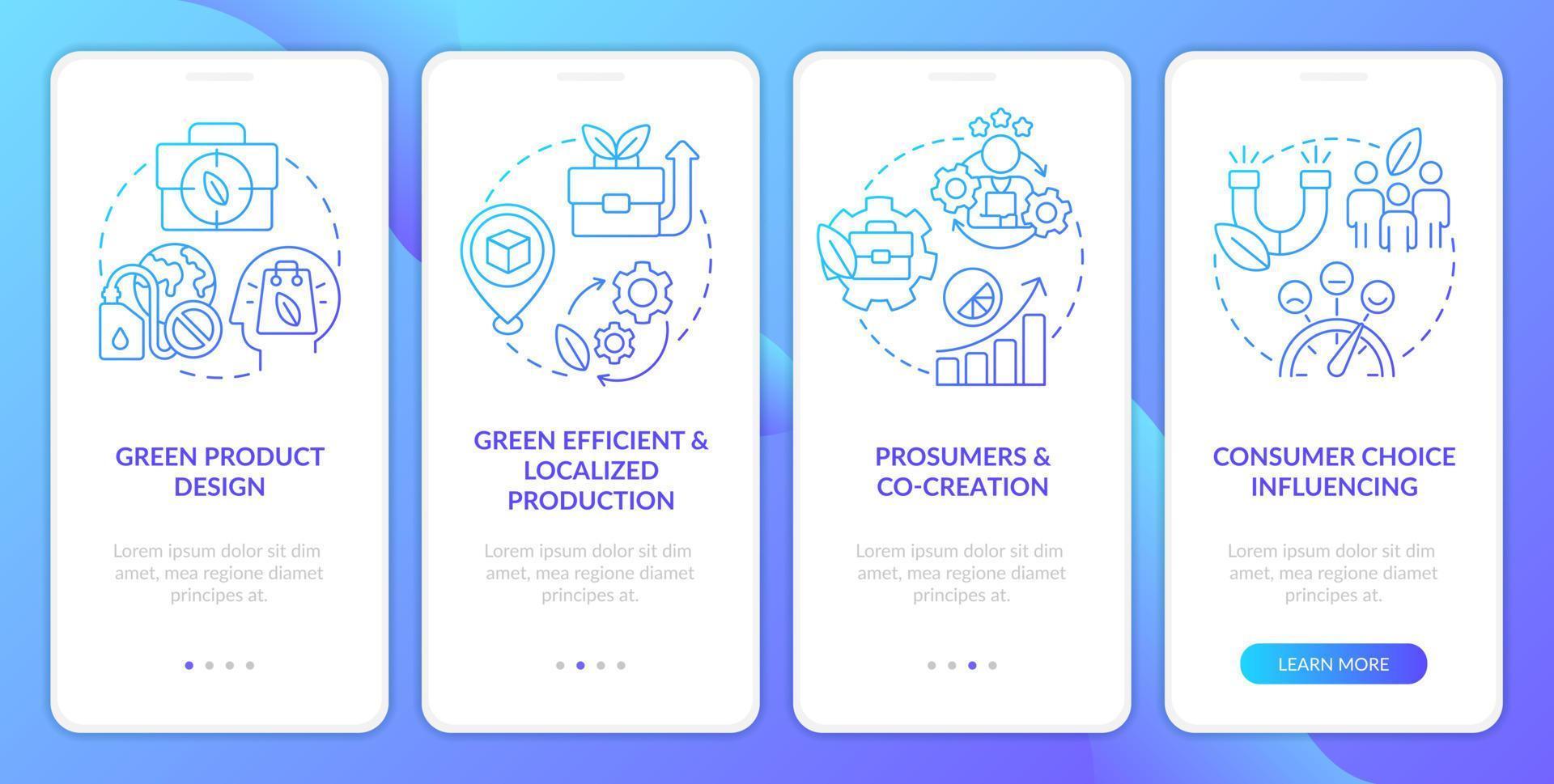 Sustainable company models blue gradient onboarding mobile app screen. Walkthrough 4 steps graphic instructions with linear concepts. UI, UX, GUI template vector