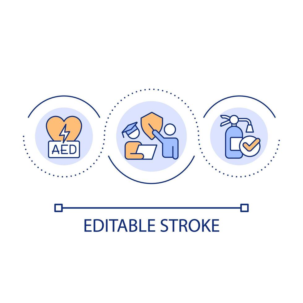 Emergency preparedness for workers loop concept icon. Improve workplace safety. First aid training abstract idea thin line illustration. Isolated outline drawing. Editable stroke vector