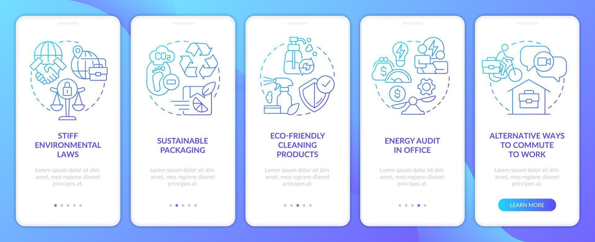 Eco-friendly corporate culture blue gradient onboarding mobile app screen. Walkthrough 5 steps graphic instructions with linear concepts. UI, UX, GUI template vector