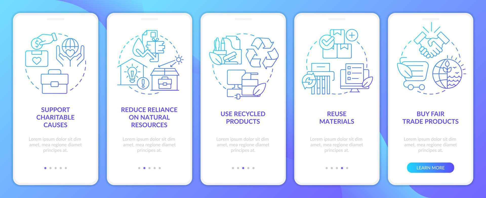 Environmental company features blue gradient onboarding mobile app screen. Walkthrough 5 steps graphic instructions with linear concepts. UI, UX, GUI template vector