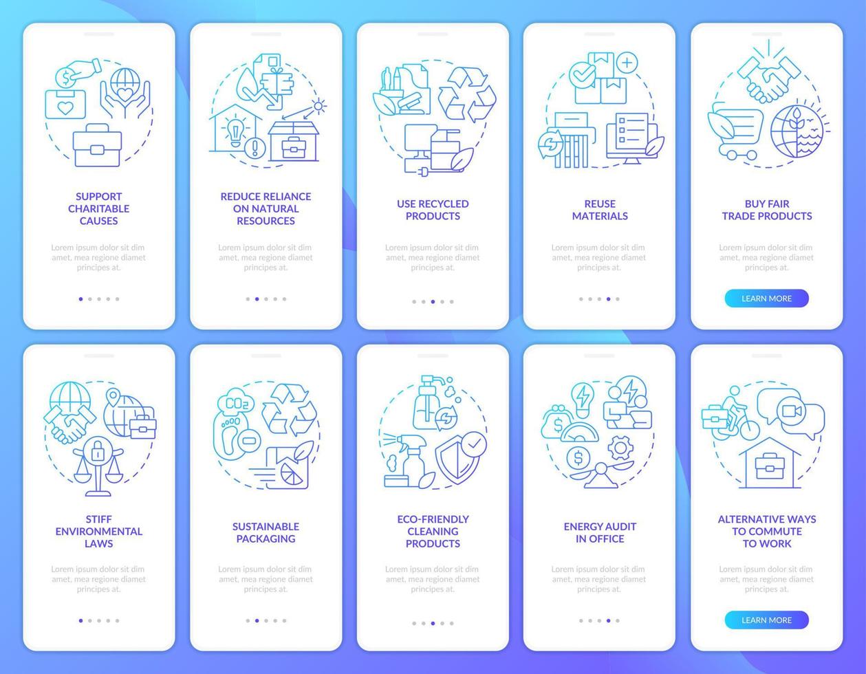 Sustainable business model blue gradient onboarding mobile app screen set. Walkthrough 5 steps graphic instructions with linear concepts. UI, UX, GUI template vector