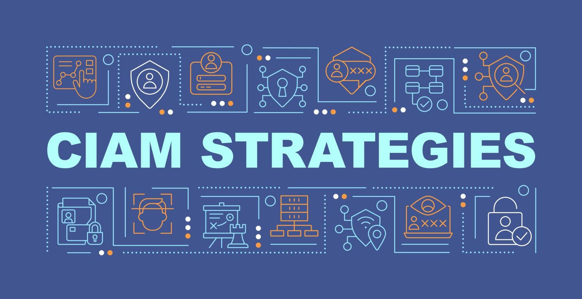 CIAM strategy word concepts dark blue banner. Customer data security. Infographics with editable icons on color background. Isolated typography. Vector illustration with text