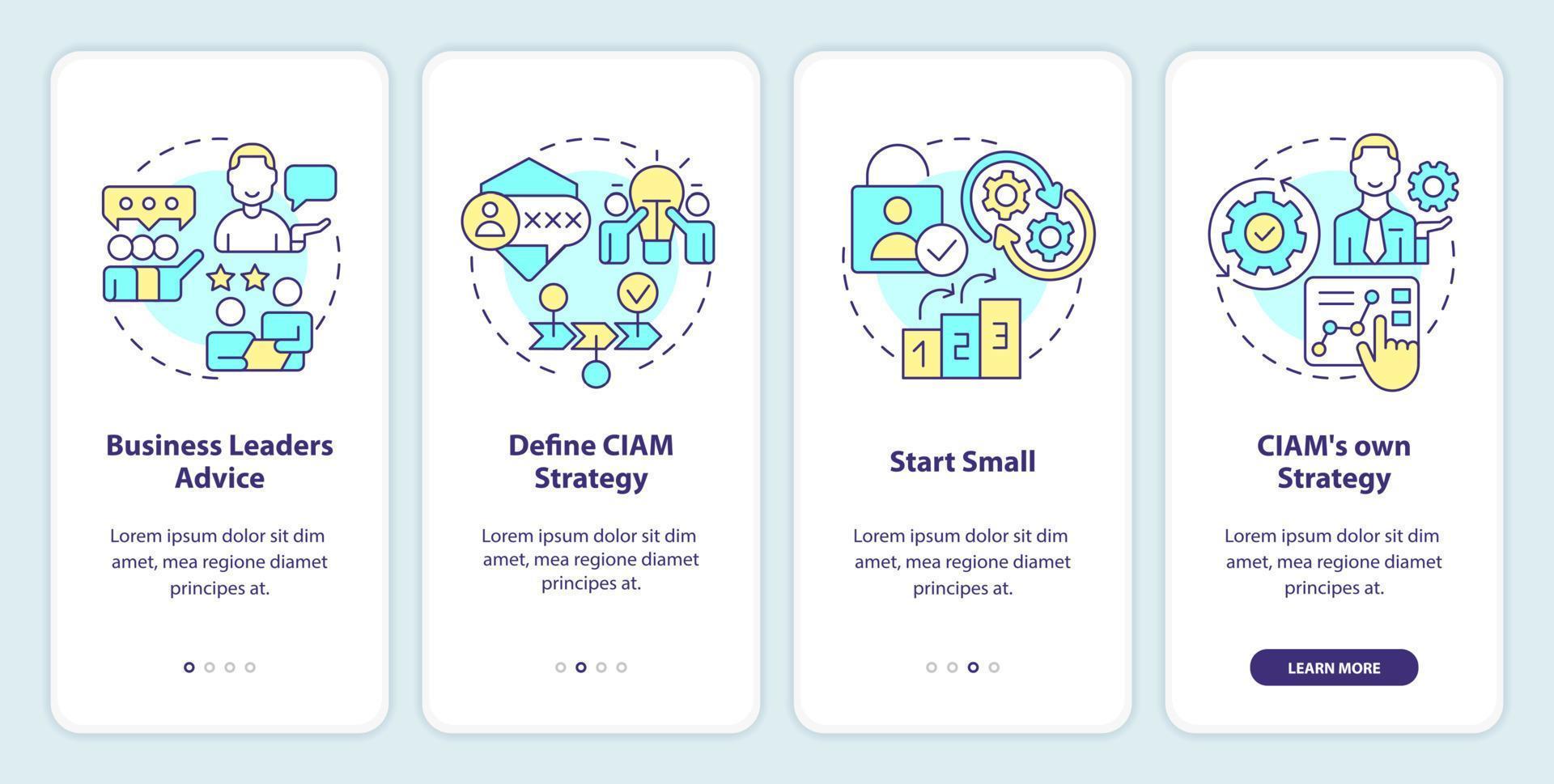 Beginning with CIAM onboarding mobile app screen. Customer management walkthrough 4 steps editable graphic instructions with linear concepts. UI, UX, GUI template vector
