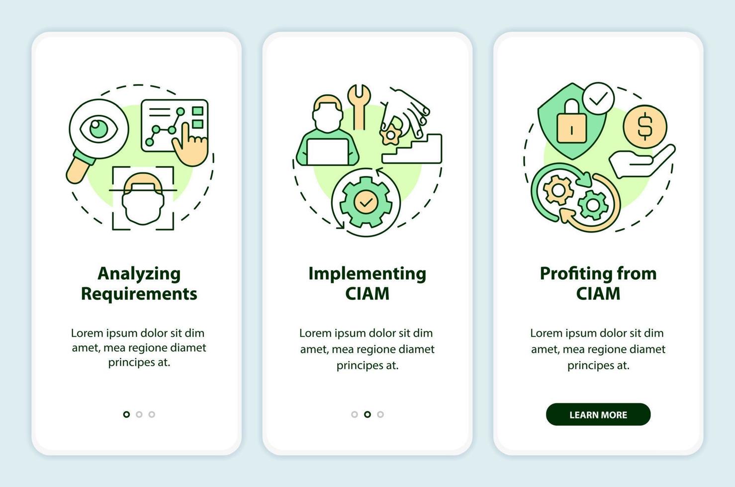 Implementing CIAM onboarding mobile app screen. Business improvement walkthrough 3 steps editable graphic instructions with linear concepts. UI, UX, GUI template vector