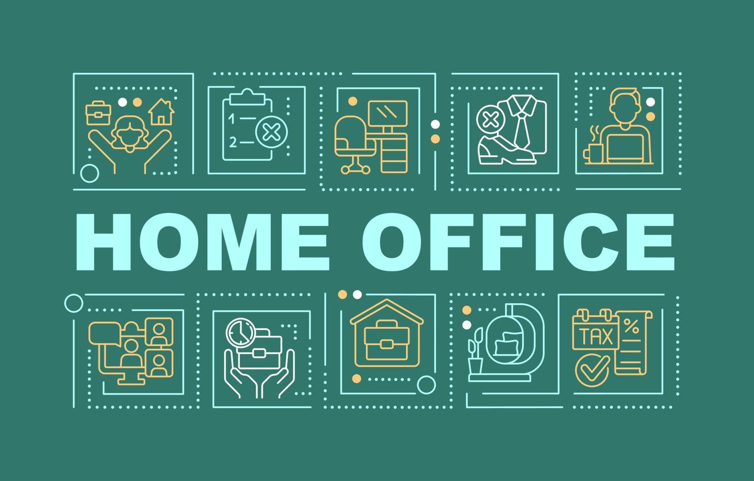 Home office word concepts dark green banner. Freelance work. Infographics with editable icons on color background. Isolated typography. Vector illustration with text